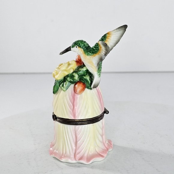Vintage Hummingbird Trinket Box Flower Ceramic Pink Green Yellow - Picture 4 of 8